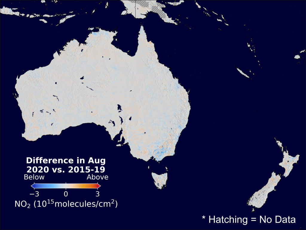 The average minus the baseline nitrogen dioxide image over Australia for August 2020.