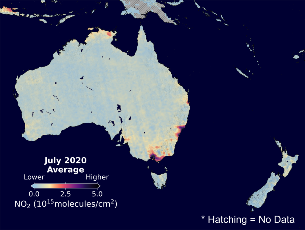 An average nitrogen dioxide image over Australia for July 2020.
