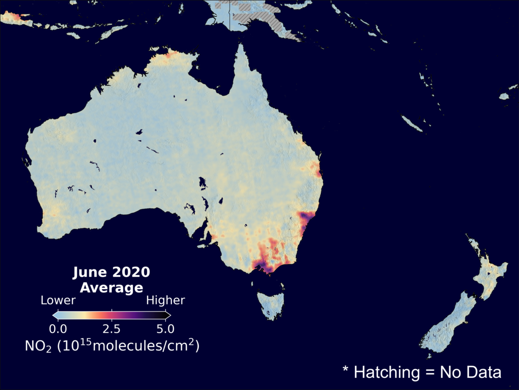 An average nitrogen dioxide image over Australia for June 2020.