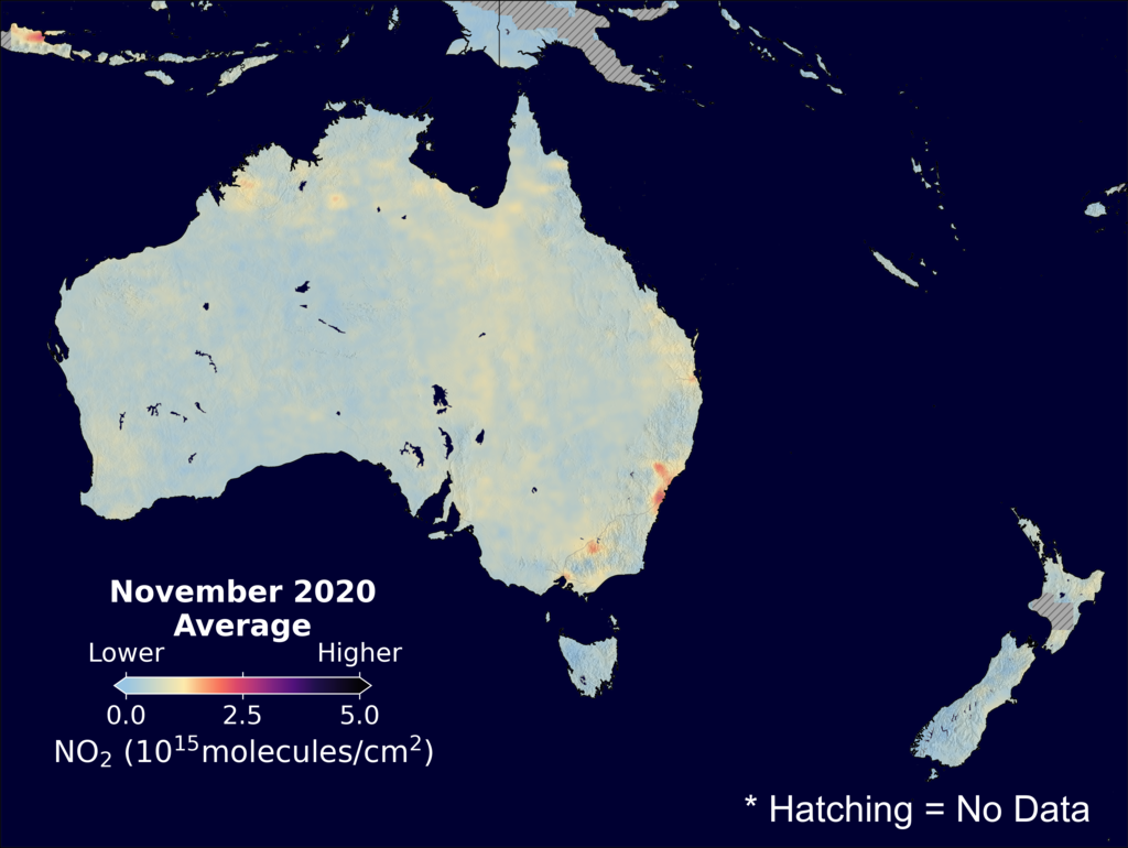 An average nitrogen dioxide image over Australia for November 2020.