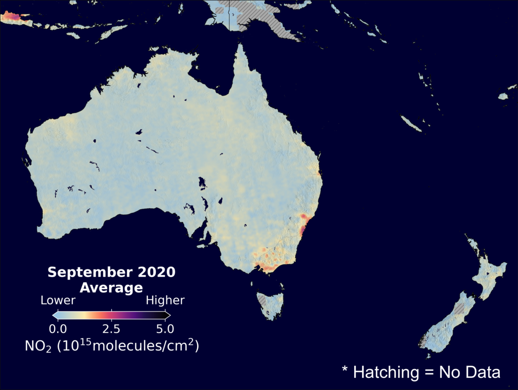 An average nitrogen dioxide image over Australia for September 2020.