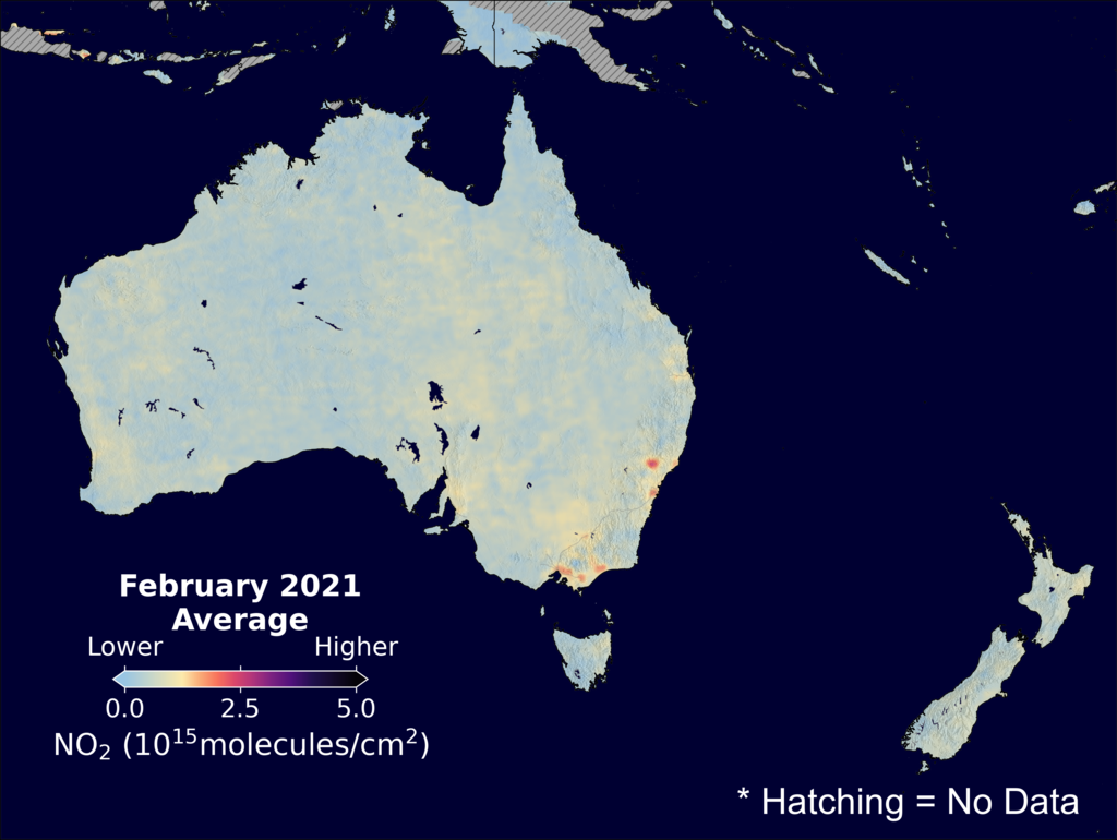 An average nitrogen dioxide image over Australia for February 2021.