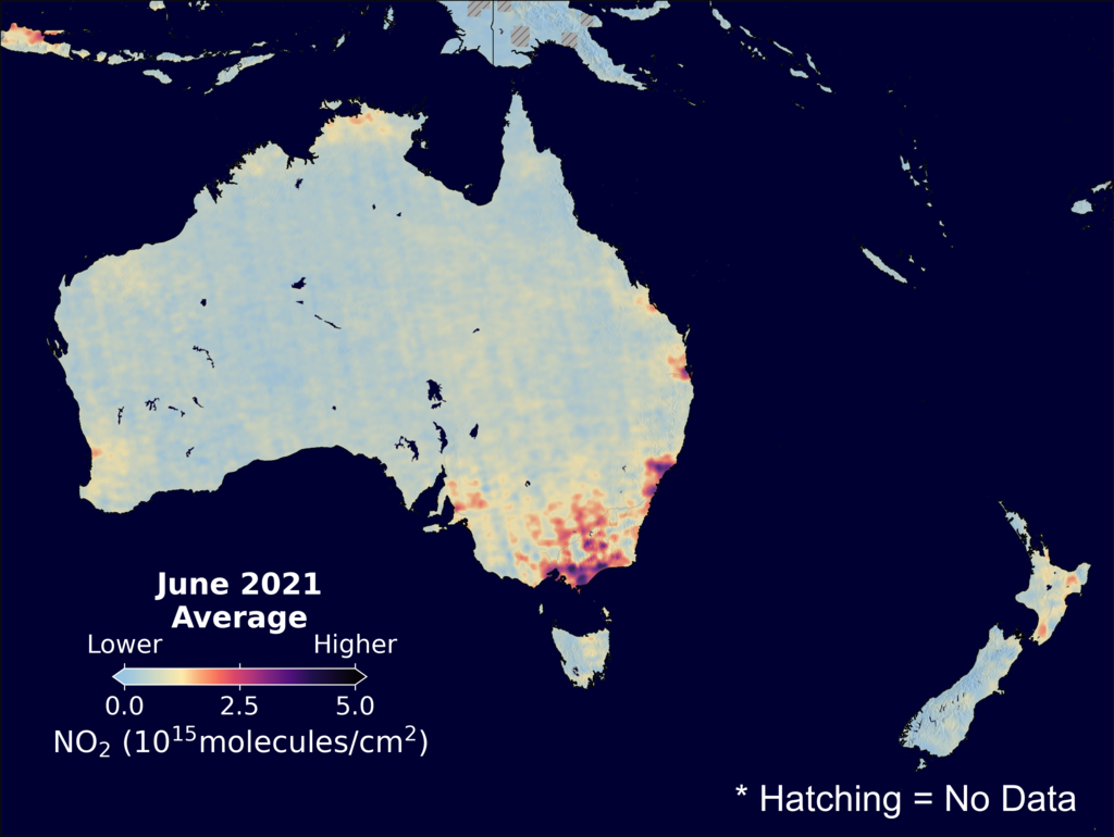 An average nitrogen dioxide image over Australia for June 2021.