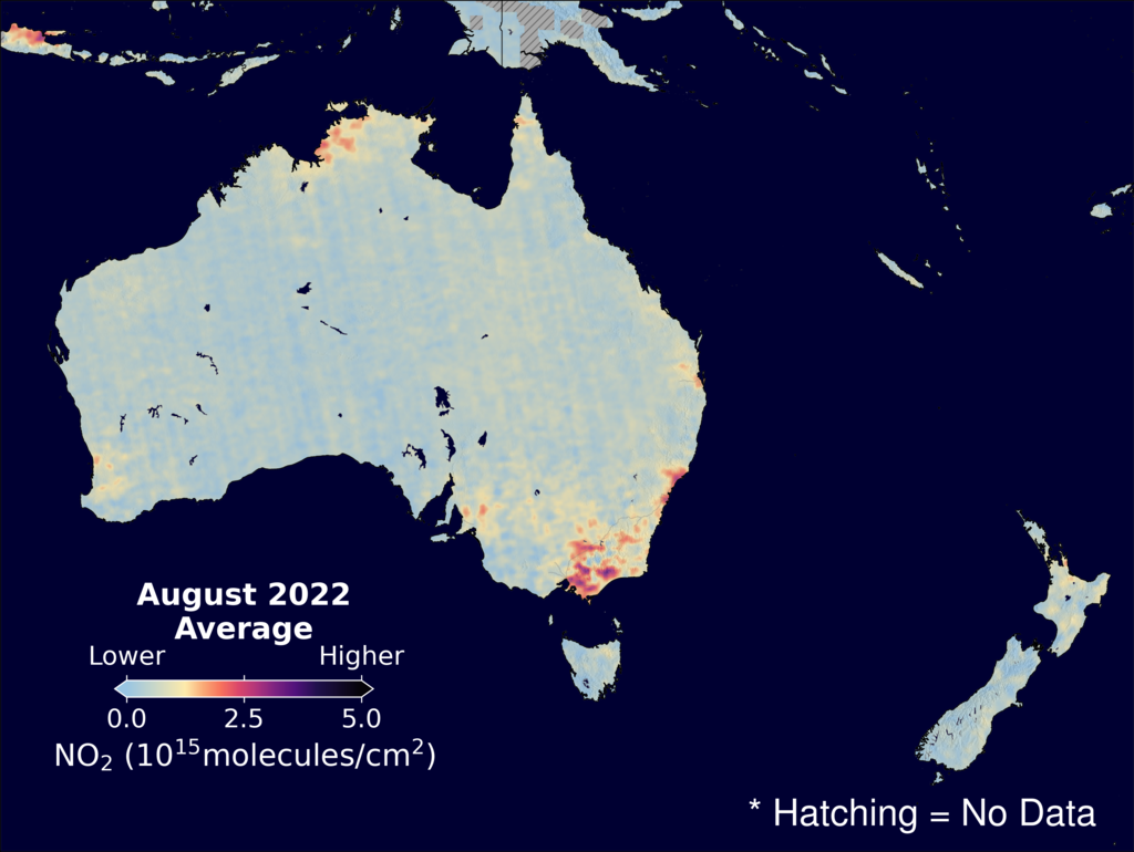 An average nitrogen dioxide image over Australia for August 2022.