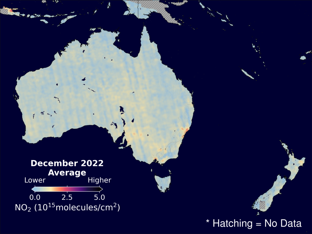 An average nitrogen dioxide image over Australia for December 2022.
