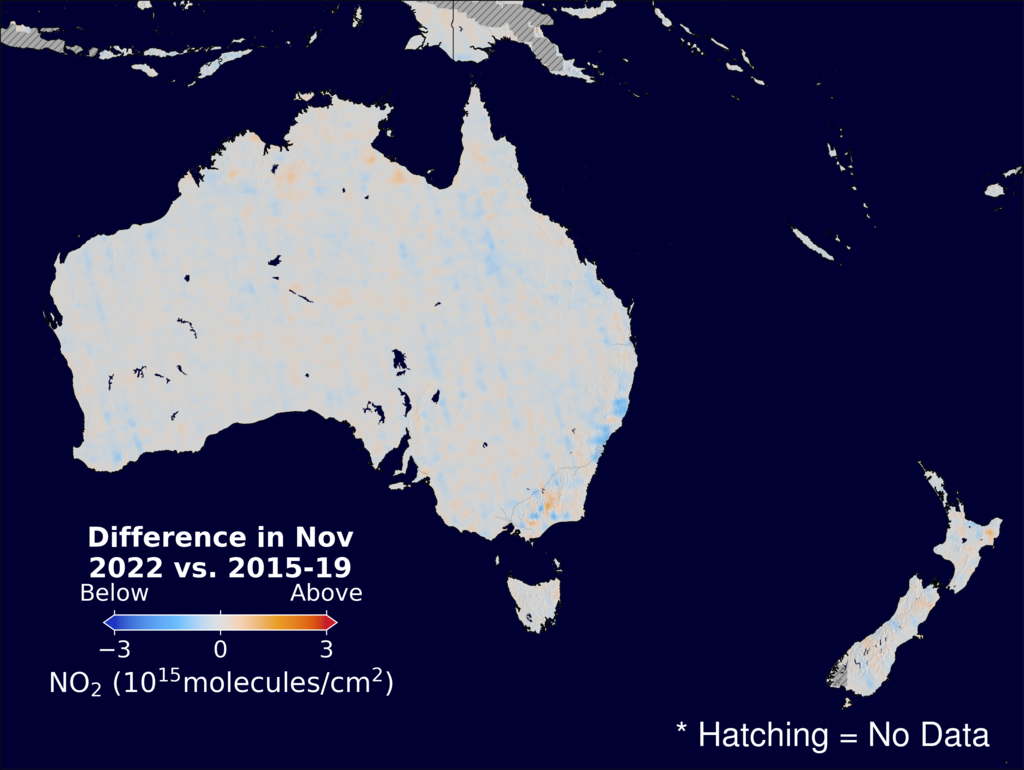 The average minus the baseline nitrogen dioxide image over Australia for November 2022.