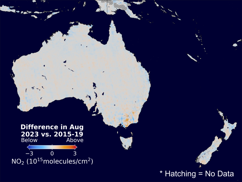 The average minus the baseline nitrogen dioxide image over Australia for August 2023.