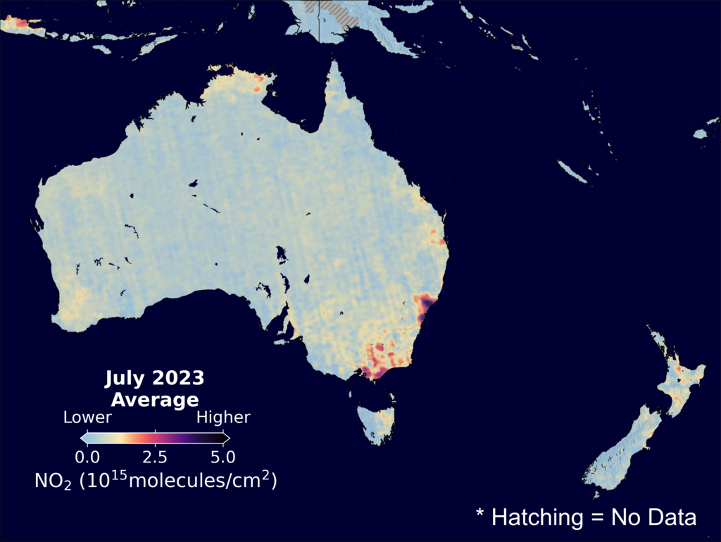 An average nitrogen dioxide image over Australia for July 2023.