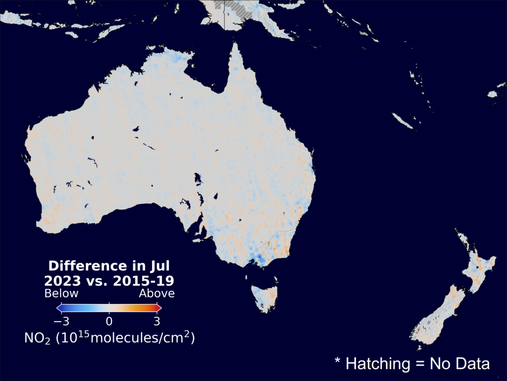 The average minus the baseline nitrogen dioxide image over Australia for July 2023.