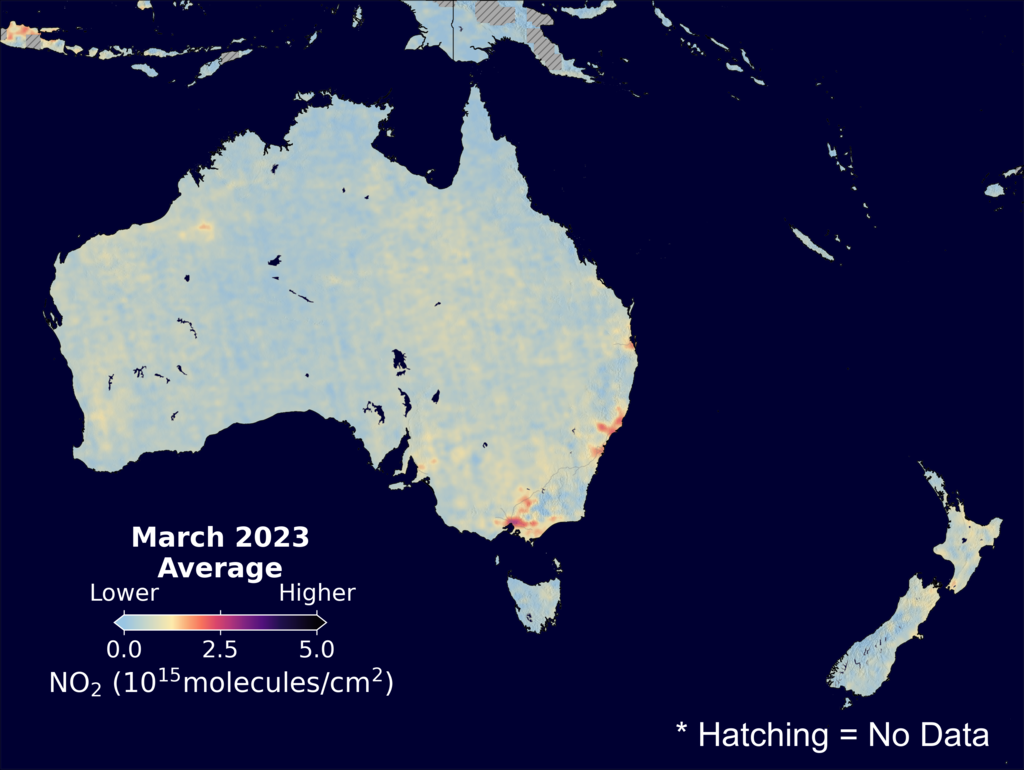 An average nitrogen dioxide image over Australia for March 2023.