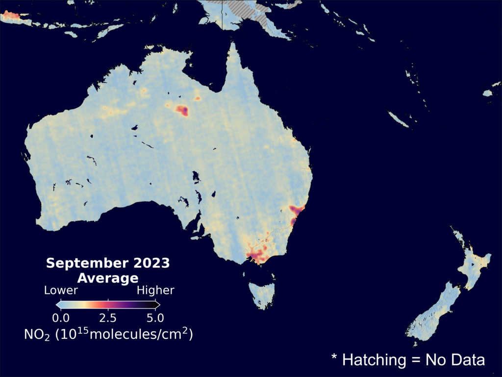 An average nitrogen dioxide image over Australia for September 2023.