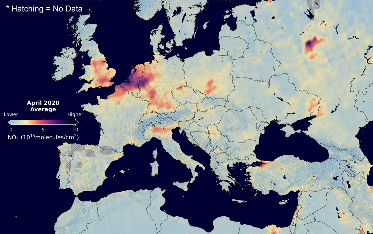 An average nitrogen dioxide image over Europe for April 2020.