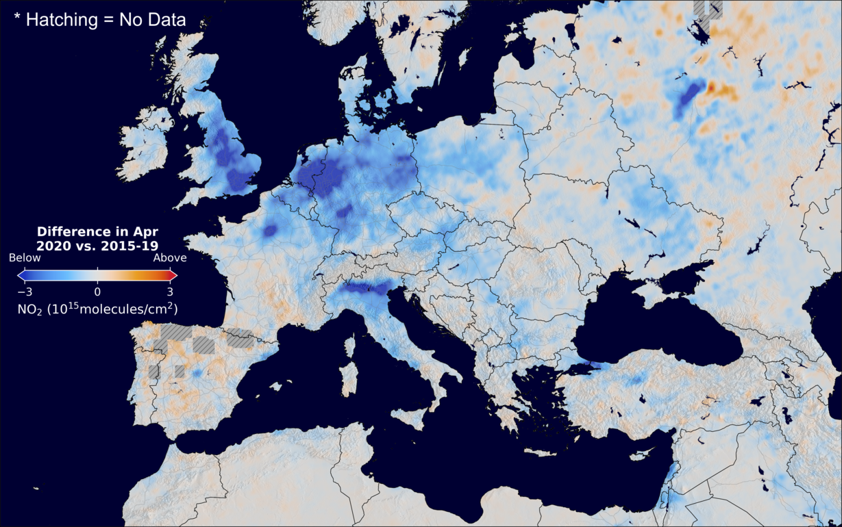 The average minus the baseline nitrogen dioxide image over Europe for April 2020.