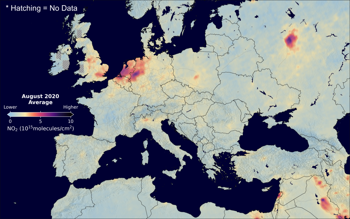 An average nitrogen dioxide image over Europe for August 2020.
