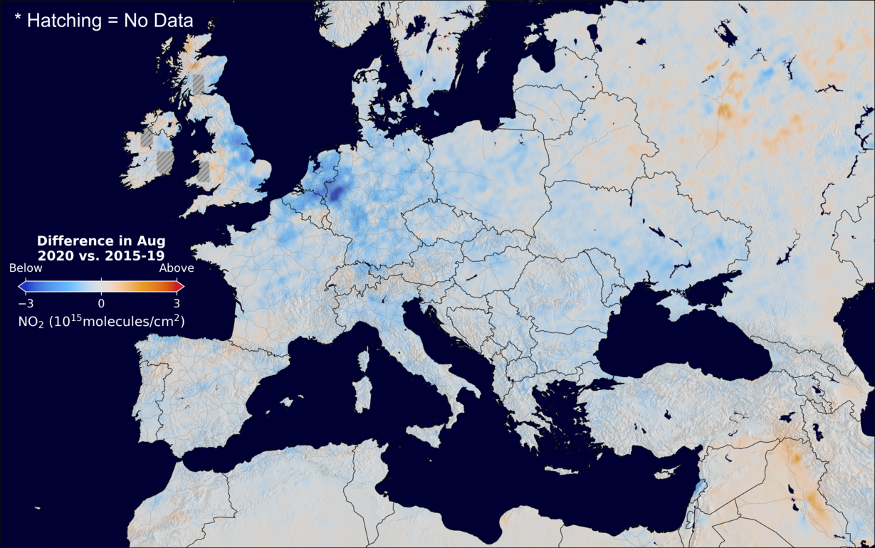 The average minus the baseline nitrogen dioxide image over Europe for August 2020.