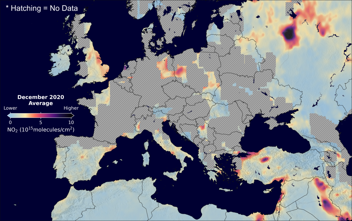 An average nitrogen dioxide image over Europe for December 2020.