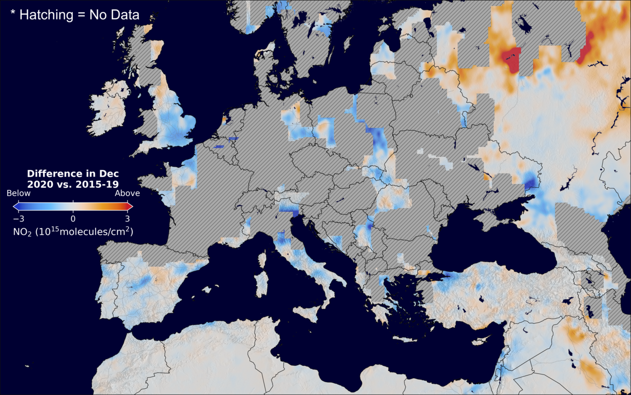 The average minus the baseline nitrogen dioxide image over Europe for December 2020.