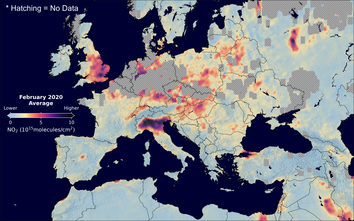 An average nitrogen dioxide image over Europe for February 2020.