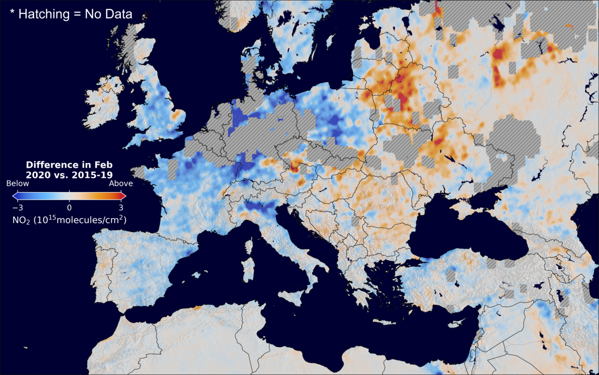 The average minus the baseline nitrogen dioxide image over Europe for February 2020.