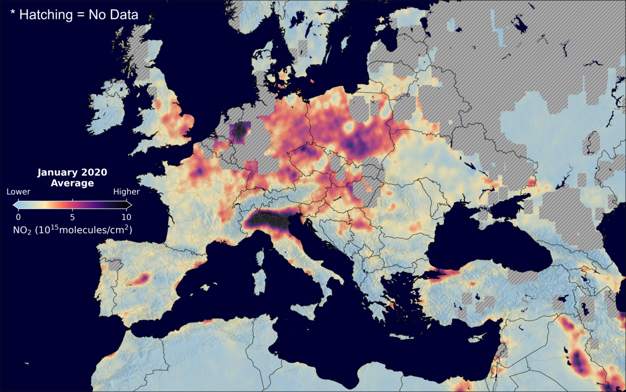 An average nitrogen dioxide image over Europe for January 2020.