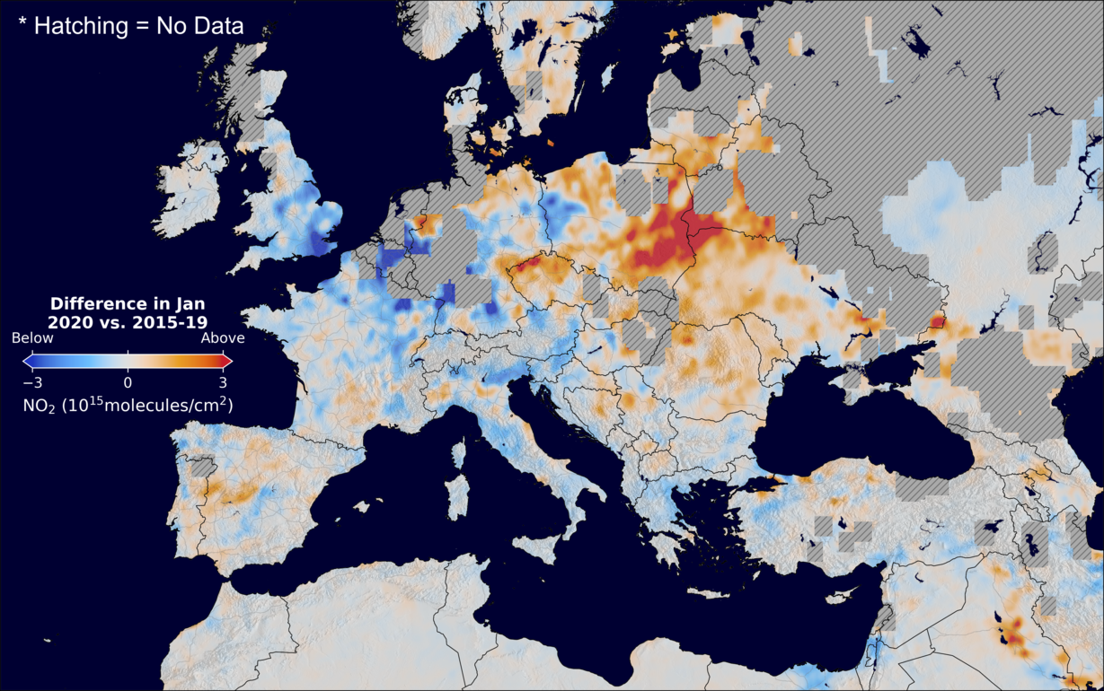 The average minus the baseline nitrogen dioxide image over Europe for January 2020.