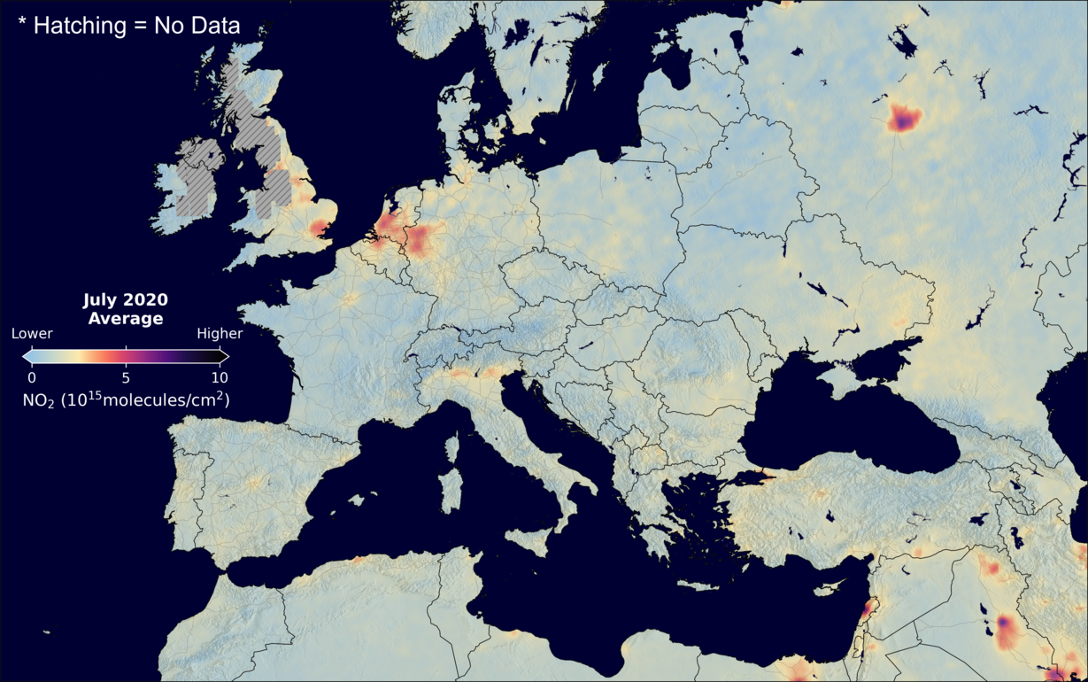 An average nitrogen dioxide image over Europe for July 2020.