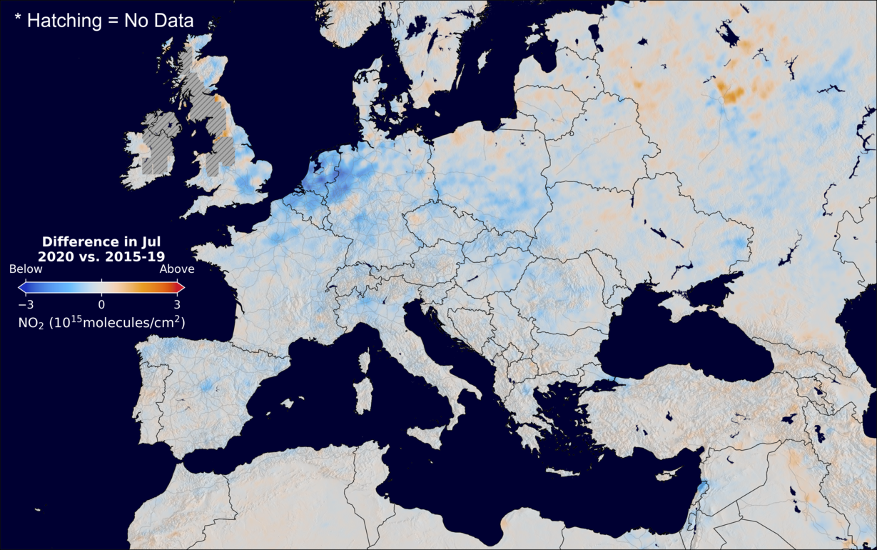 The average minus the baseline nitrogen dioxide image over Europe for July 2020.