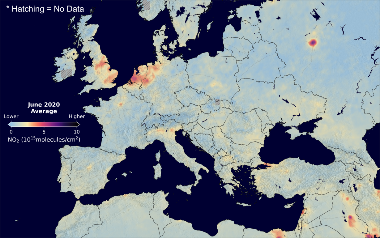 An average nitrogen dioxide image over Europe for June 2020.