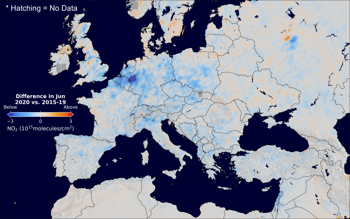 The average minus the baseline nitrogen dioxide image over Europe for June 2020.