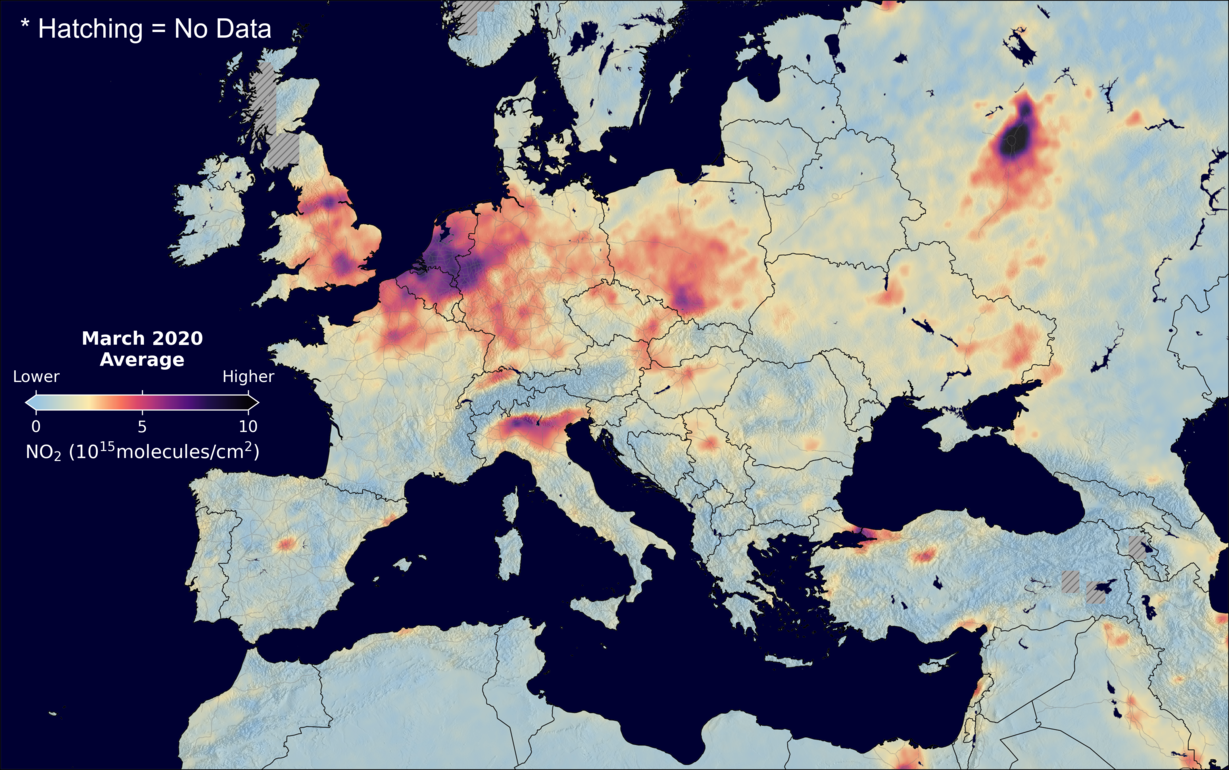 An average nitrogen dioxide image over Europe for March 2020.