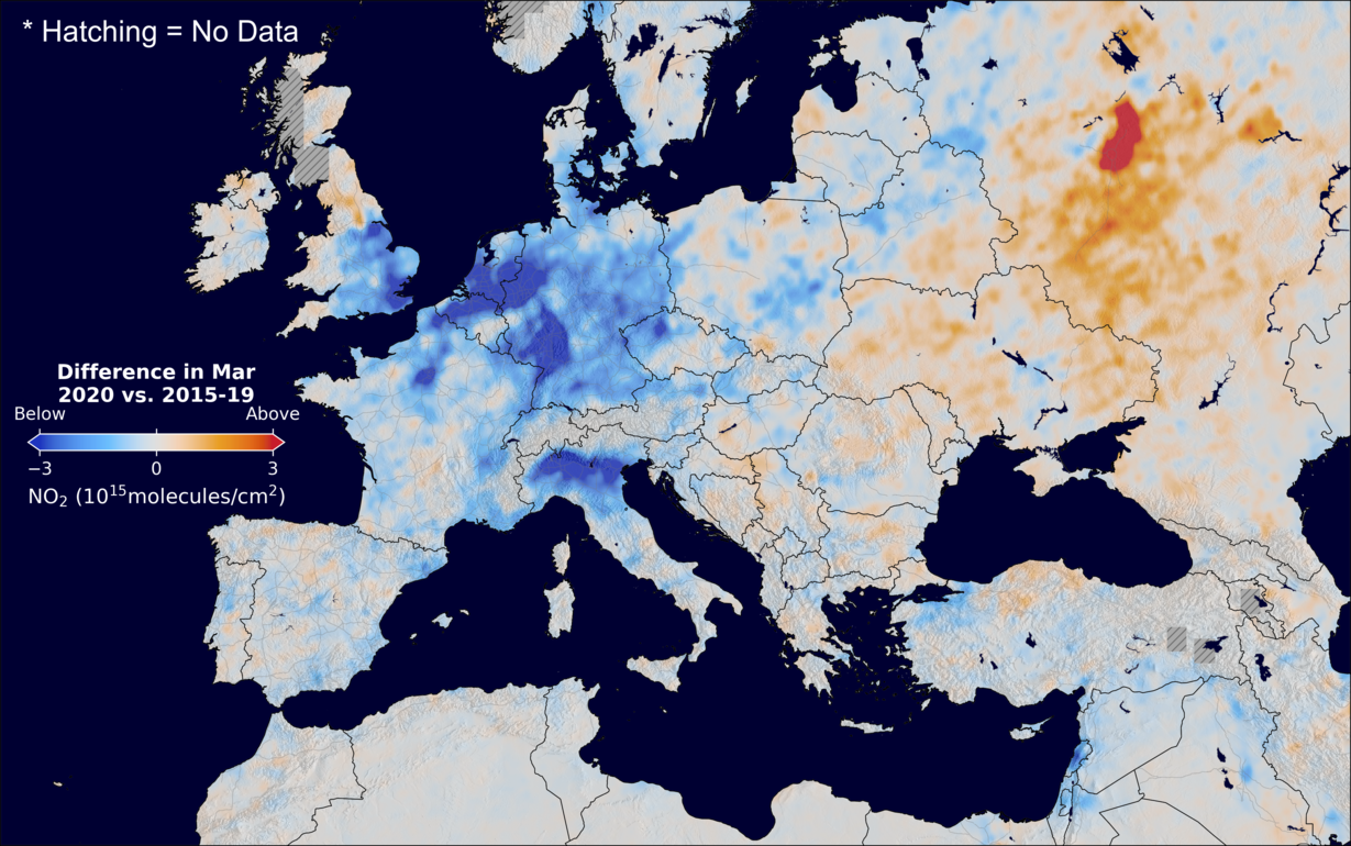 The average minus the baseline nitrogen dioxide image over Europe for March 2020.