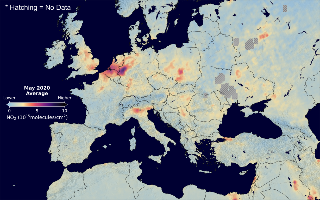 An average nitrogen dioxide image over Europe for May 2020.