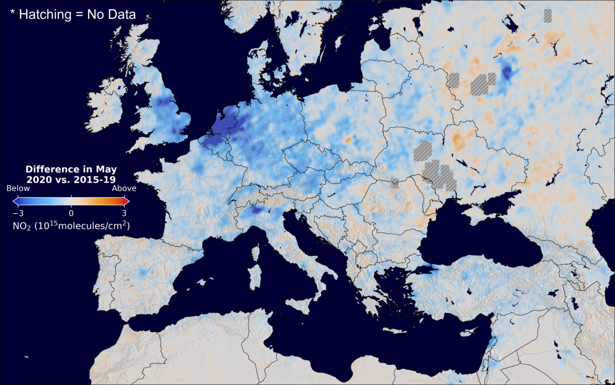 The average minus the baseline nitrogen dioxide image over Europe for May 2020.