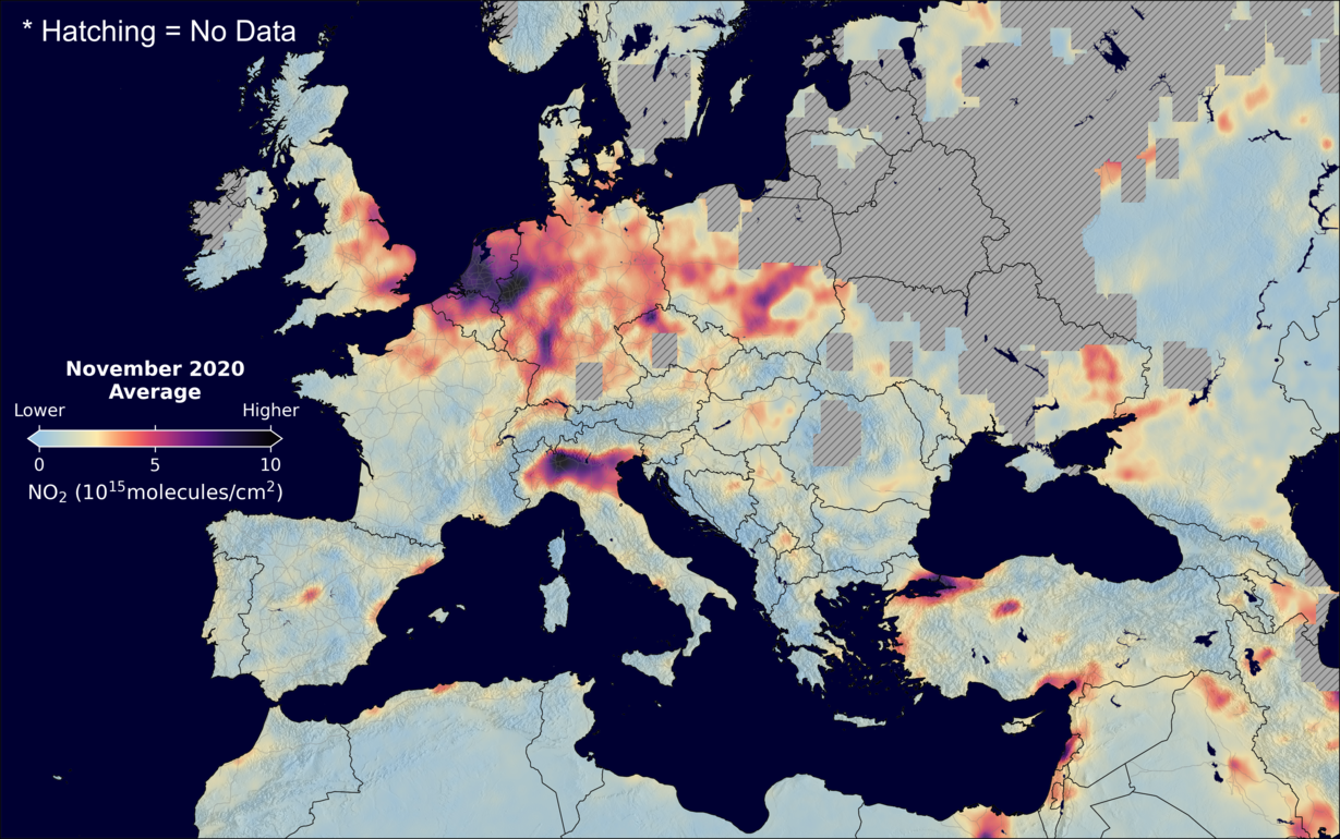 An average nitrogen dioxide image over Europe for November 2020.