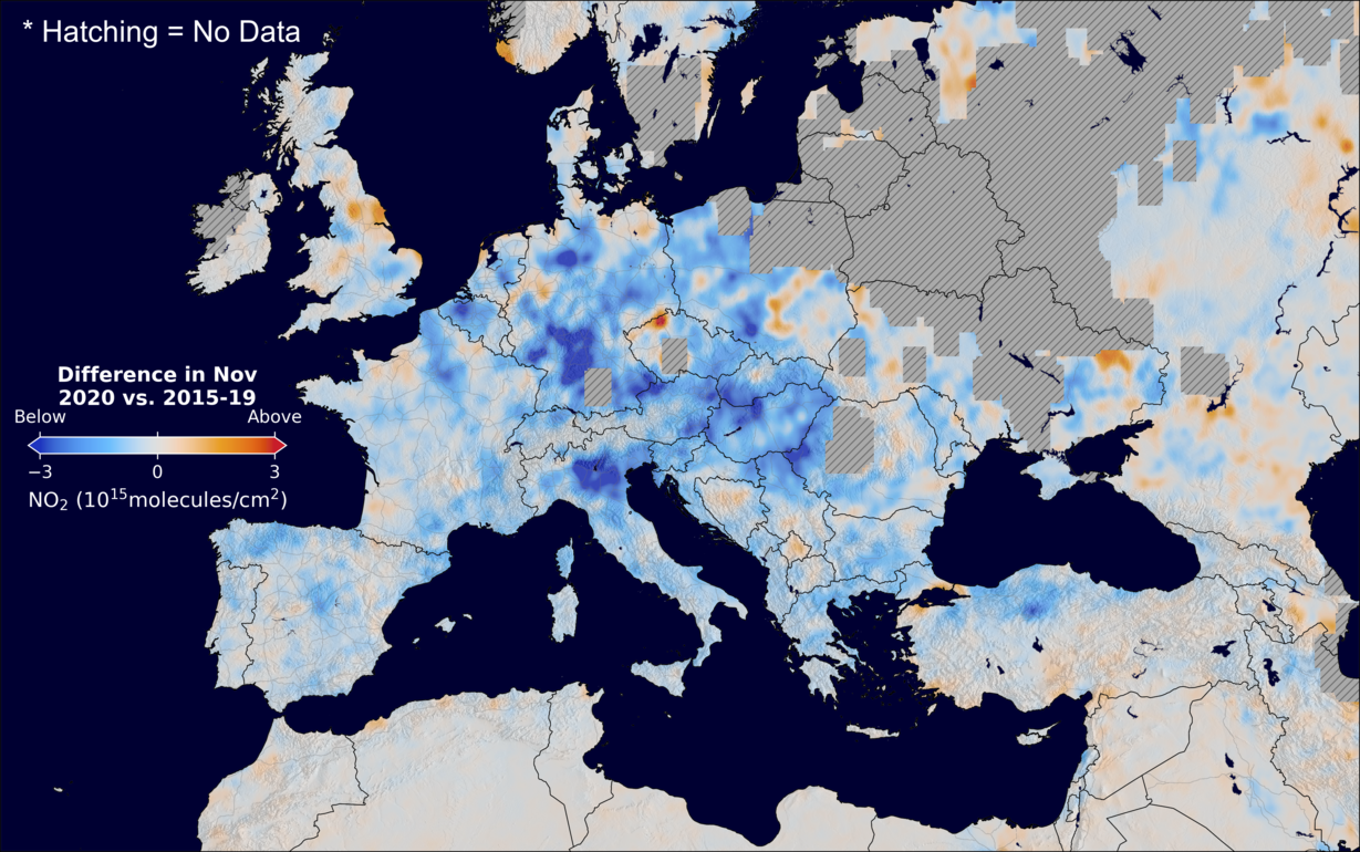 The average minus the baseline nitrogen dioxide image over Europe for November 2020.