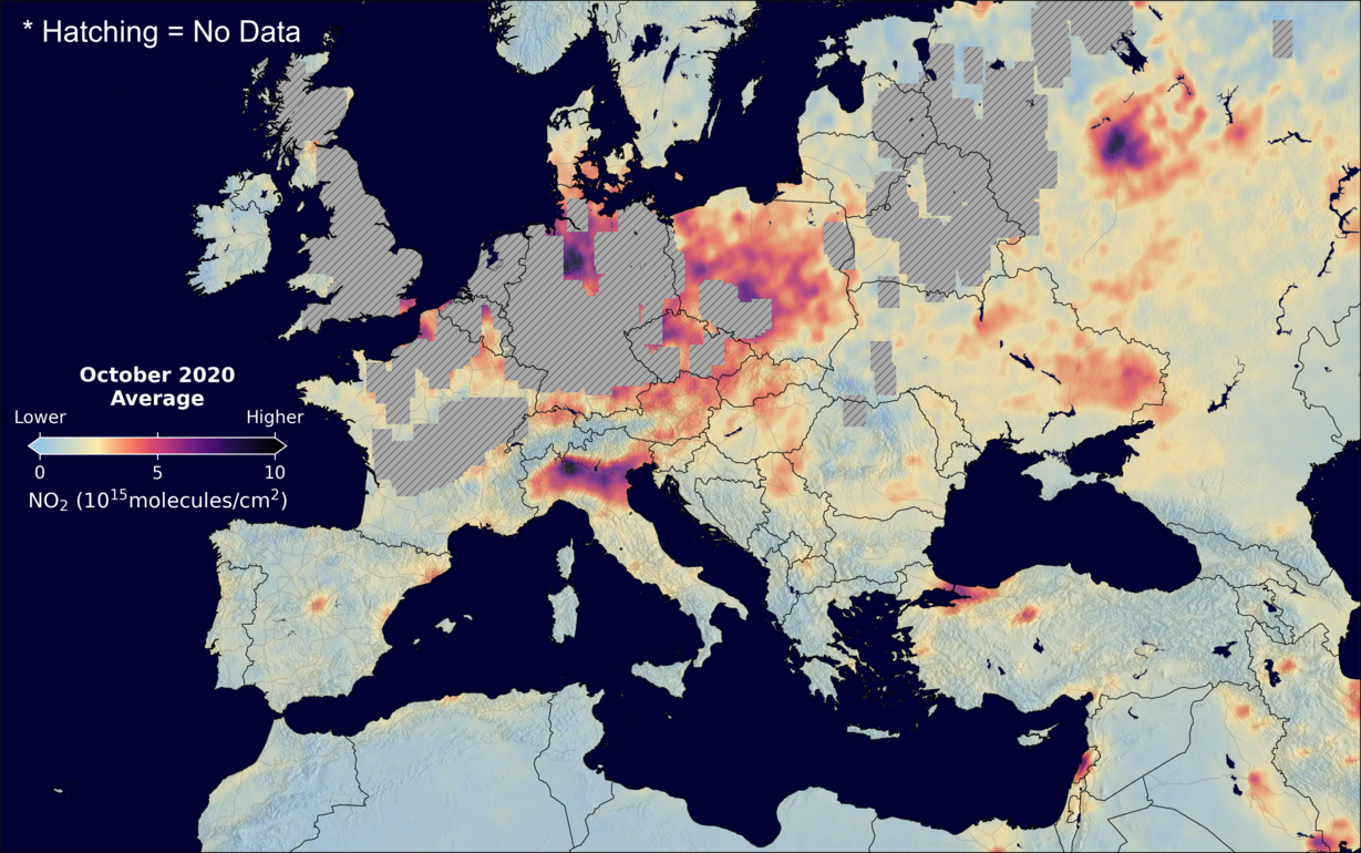 An average nitrogen dioxide image over Europe for October 2020.