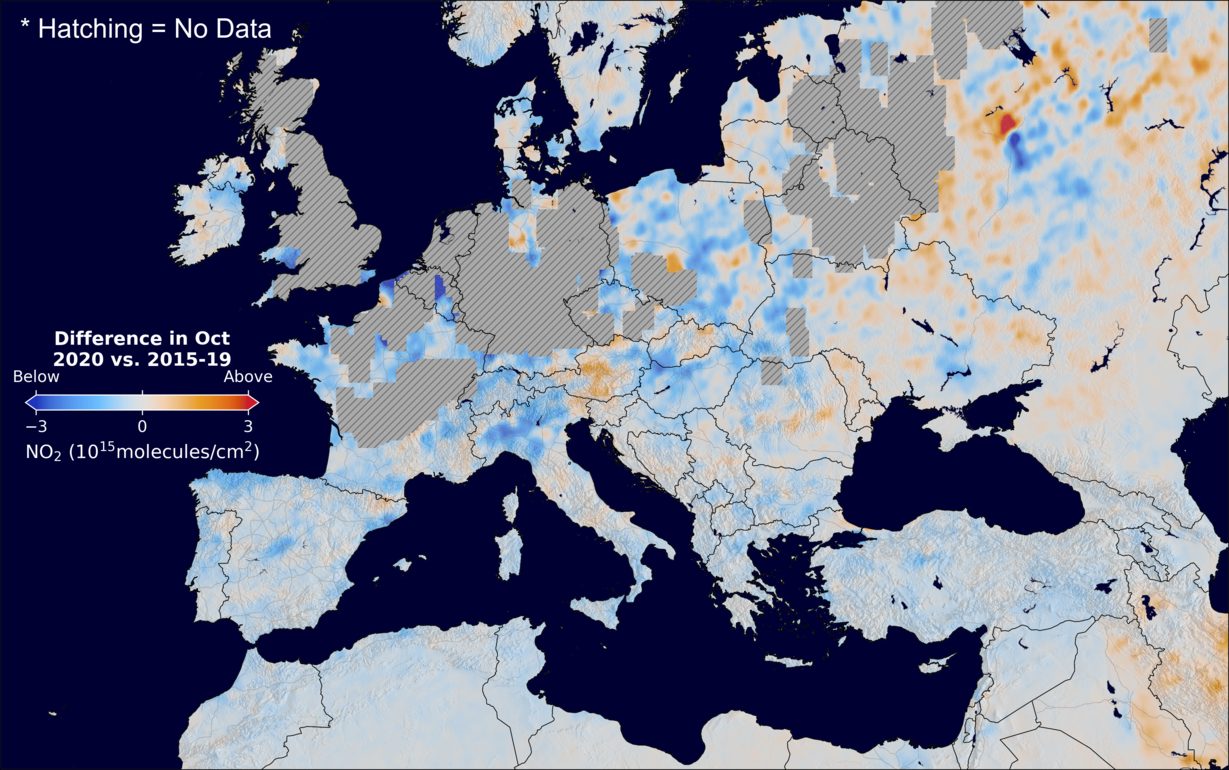 The average minus the baseline nitrogen dioxide image over Europe for October 2020.