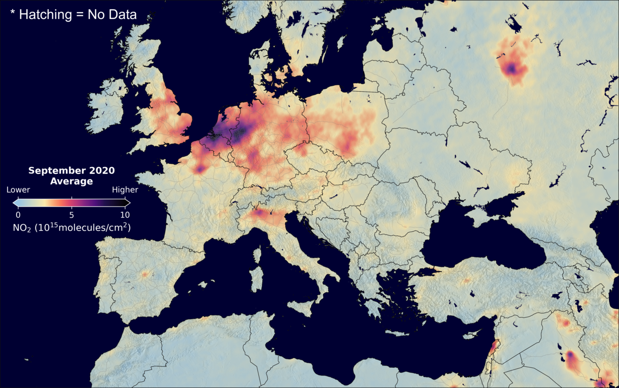 An average nitrogen dioxide image over Europe for September 2020.