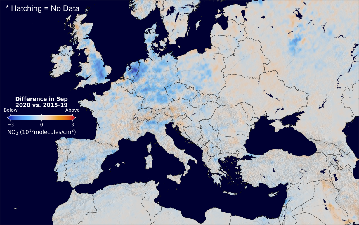 The average minus the baseline nitrogen dioxide image over Europe for September 2020.