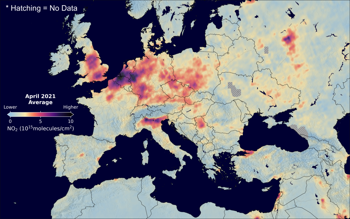 An average nitrogen dioxide image over Europe for April 2021.