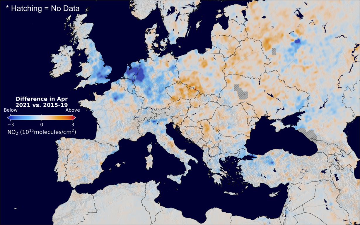 The average minus the baseline nitrogen dioxide image over Europe for April 2021.