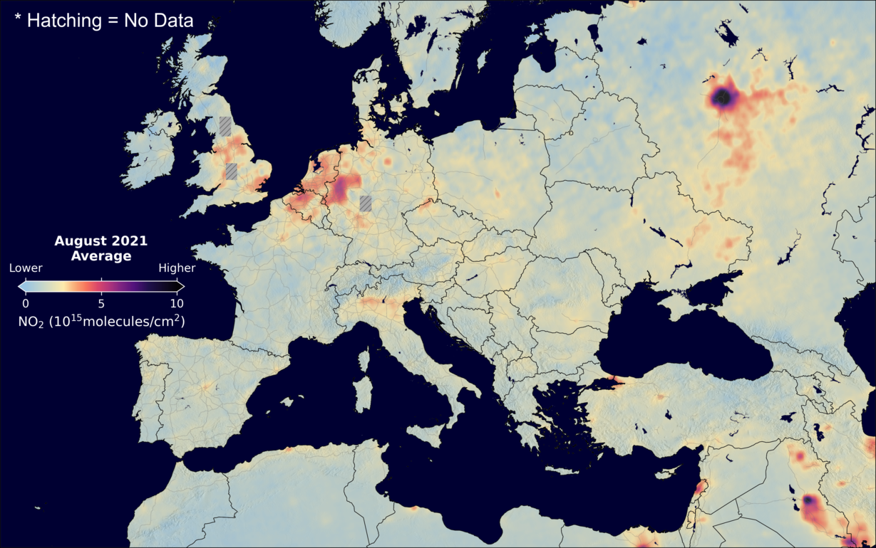 An average nitrogen dioxide image over Europe for August 2021.