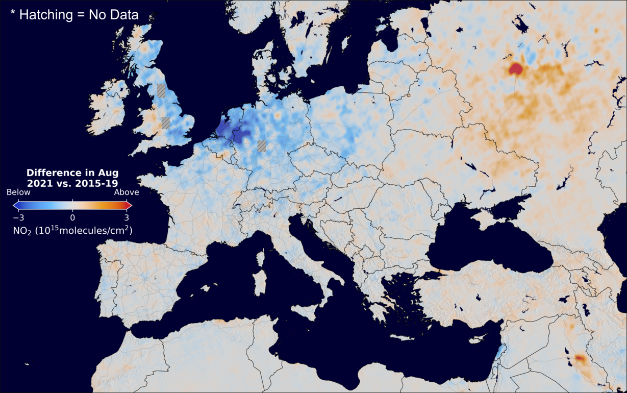 The average minus the baseline nitrogen dioxide image over Europe for August 2021.