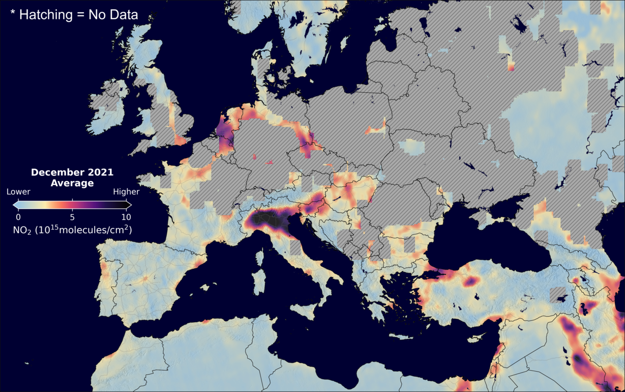 An average nitrogen dioxide image over Europe for December 2021.