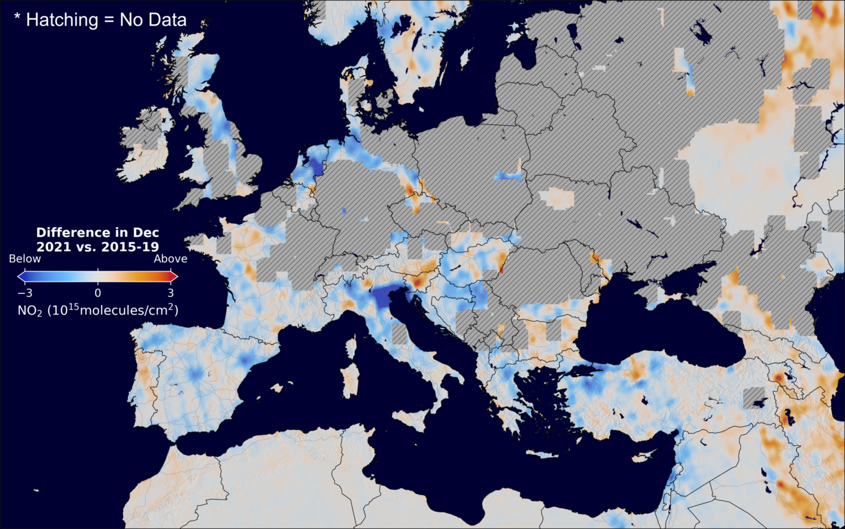 The average minus the baseline nitrogen dioxide image over Europe for December 2021.