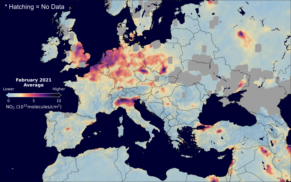 An average nitrogen dioxide image over Europe for February 2021.