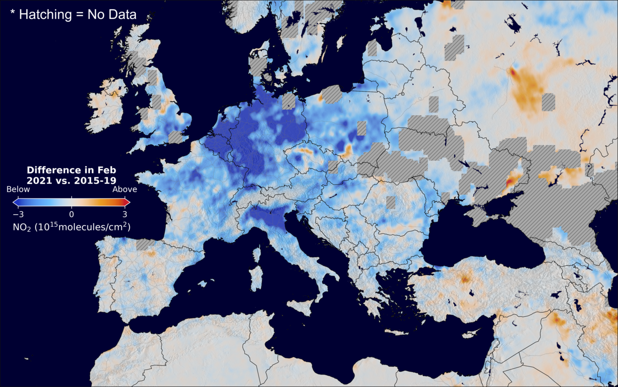The average minus the baseline nitrogen dioxide image over Europe for February 2021.
