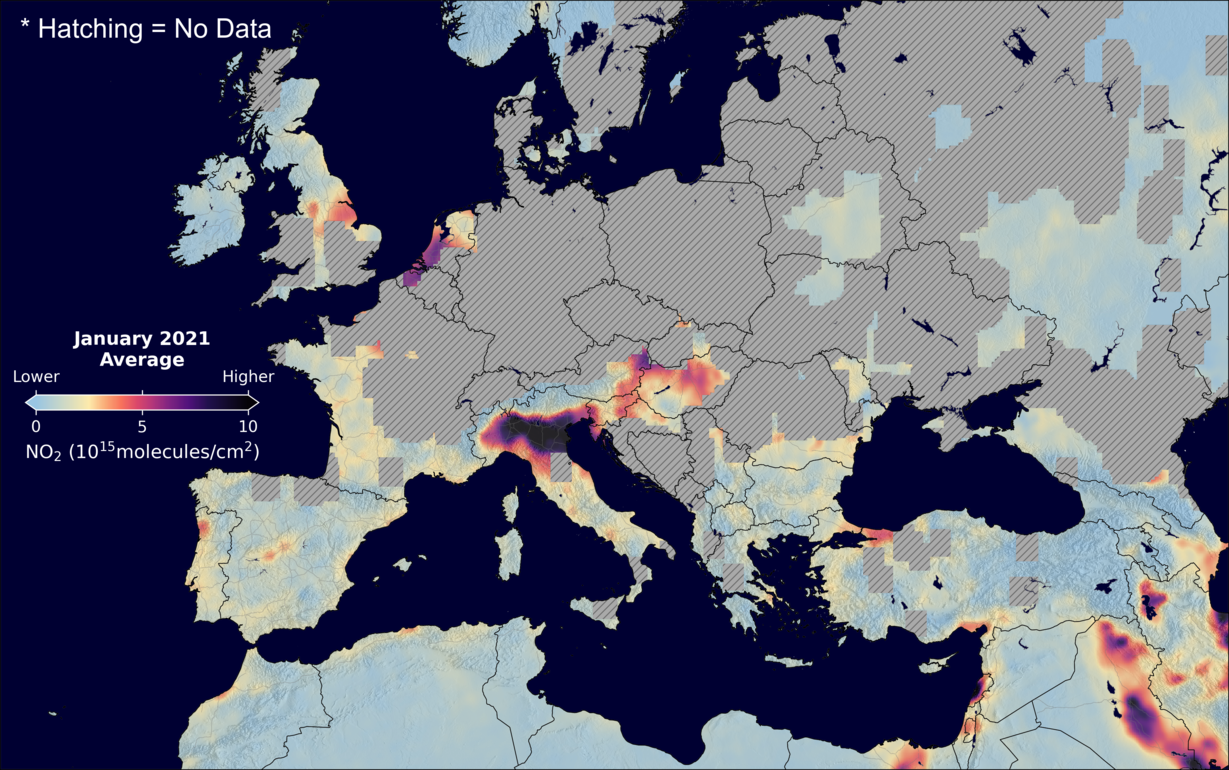 An average nitrogen dioxide image over Europe for January 2021.