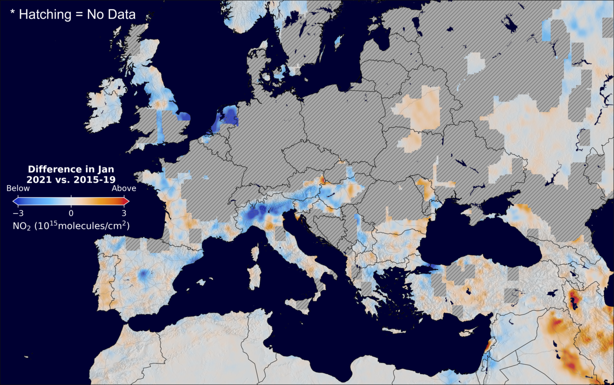 The average minus the baseline nitrogen dioxide image over Europe for January 2021.