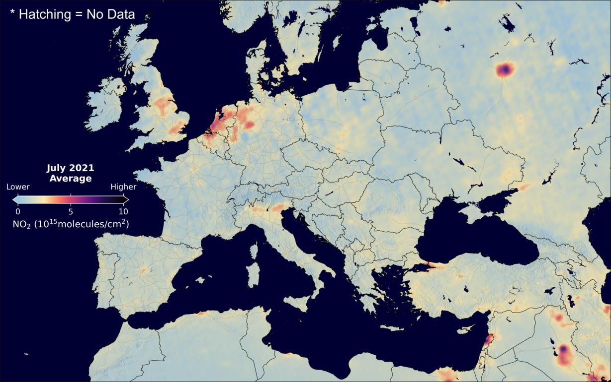 An average nitrogen dioxide image over Europe for July 2021.